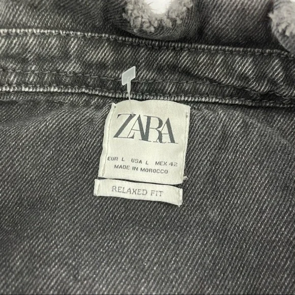 Zara Mens Black Denim Overshirt Text Print Graphic Black Distressed Snap Button - Picture 4 of 4